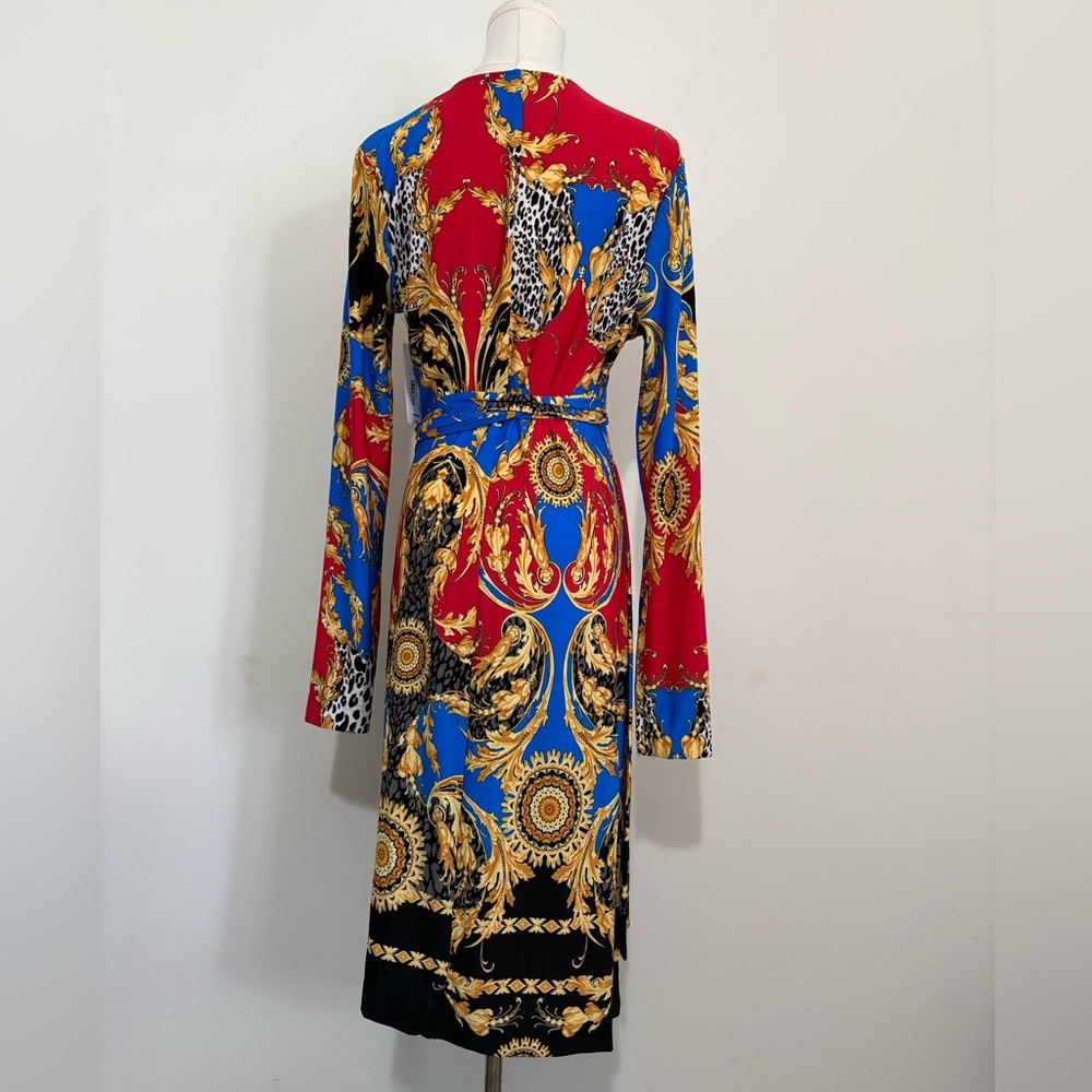 BOLD ELEMENTS, Versace-style Long-Sleeve Wrap Dress in Black, Blue & Red, Size M - Picture 2 of 3